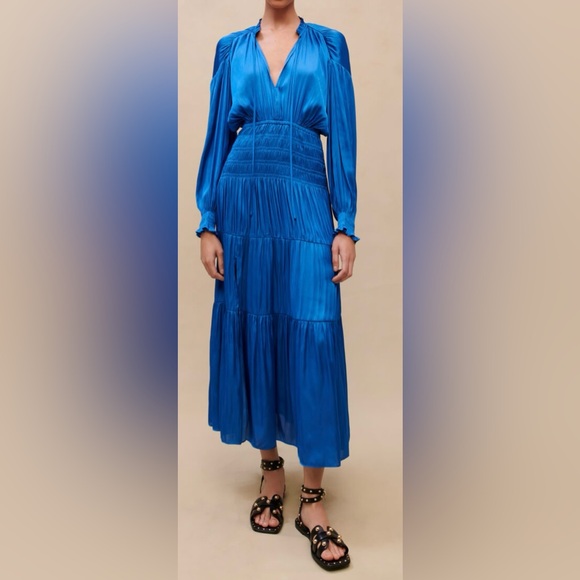 NWT -  Maje Satiny Maxi Dress Rovel Bleu - Size 36 - Picture 1 of 16